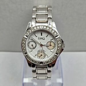 Women’s DMQ Dress Watch Silver Tone Crystal Bezel Multifunction Dial New Battery